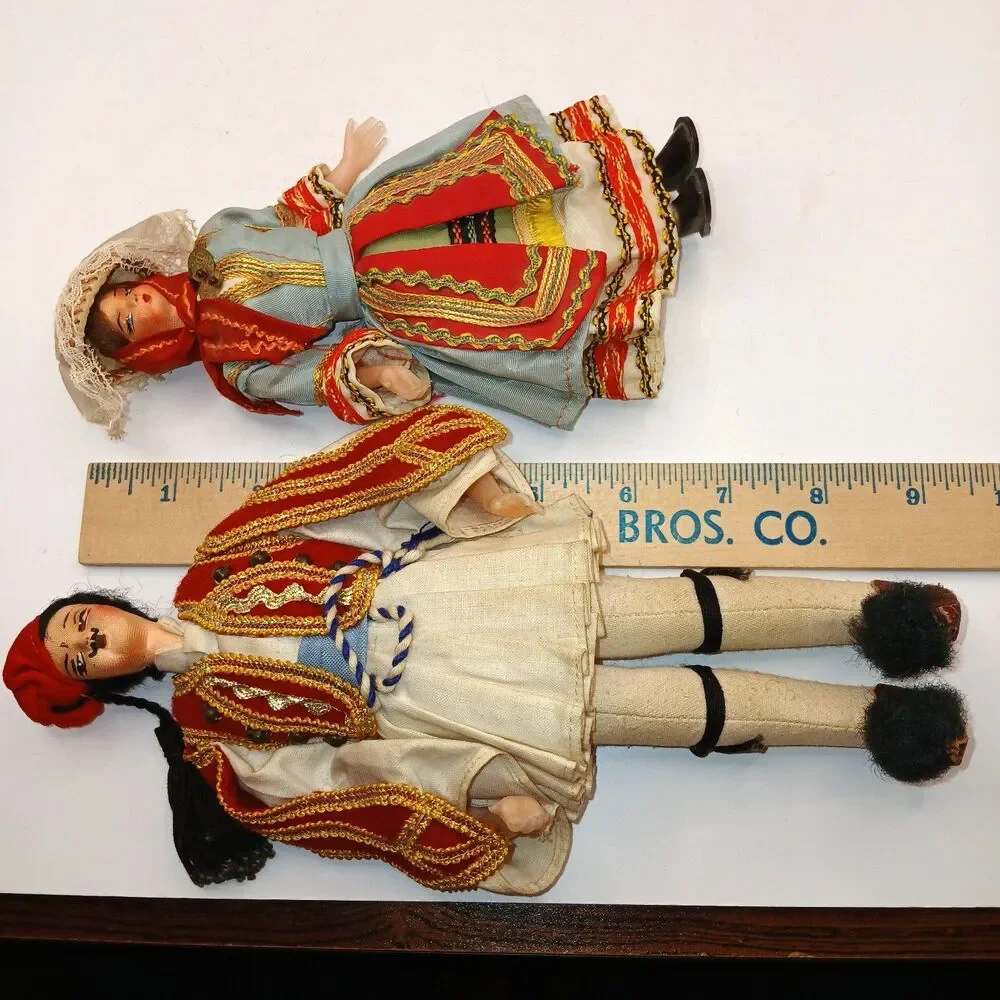Lot Of 2 Vintage Greek Cloth Costume Dolls 7 & 9 inches tall